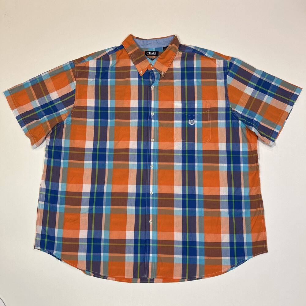 Chaps Men 3XB Big Plaid Shirt Orange Blue Short Sleeve Button Down Cotton Blend